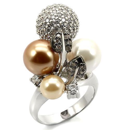 Rhodium + Ruthenium Brass Ring with Synthetic Pearl in Multi Color Size 6
