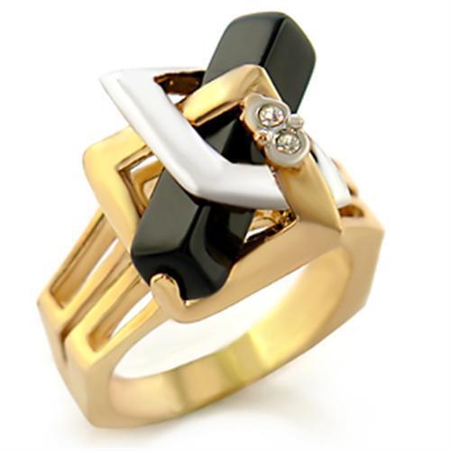 Gold+Rhodium Brass Ring with Semi-Precious Onyx in Jet Size 5