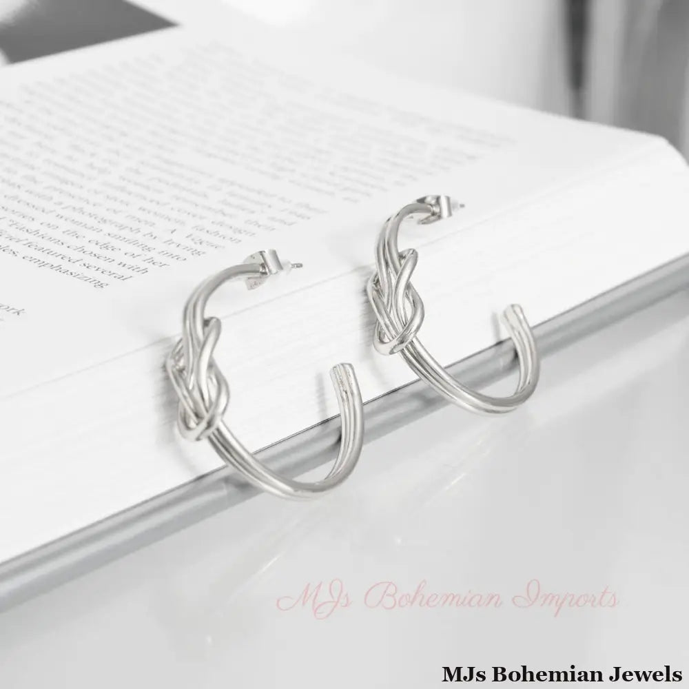 14K White Gold Infinity Knot Post Hoops