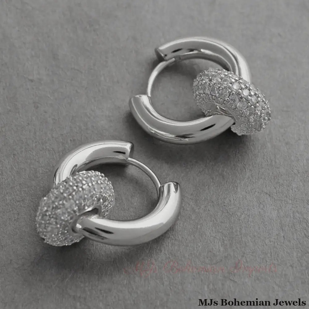 14K White Gold Pave Ring Huggie Hoops