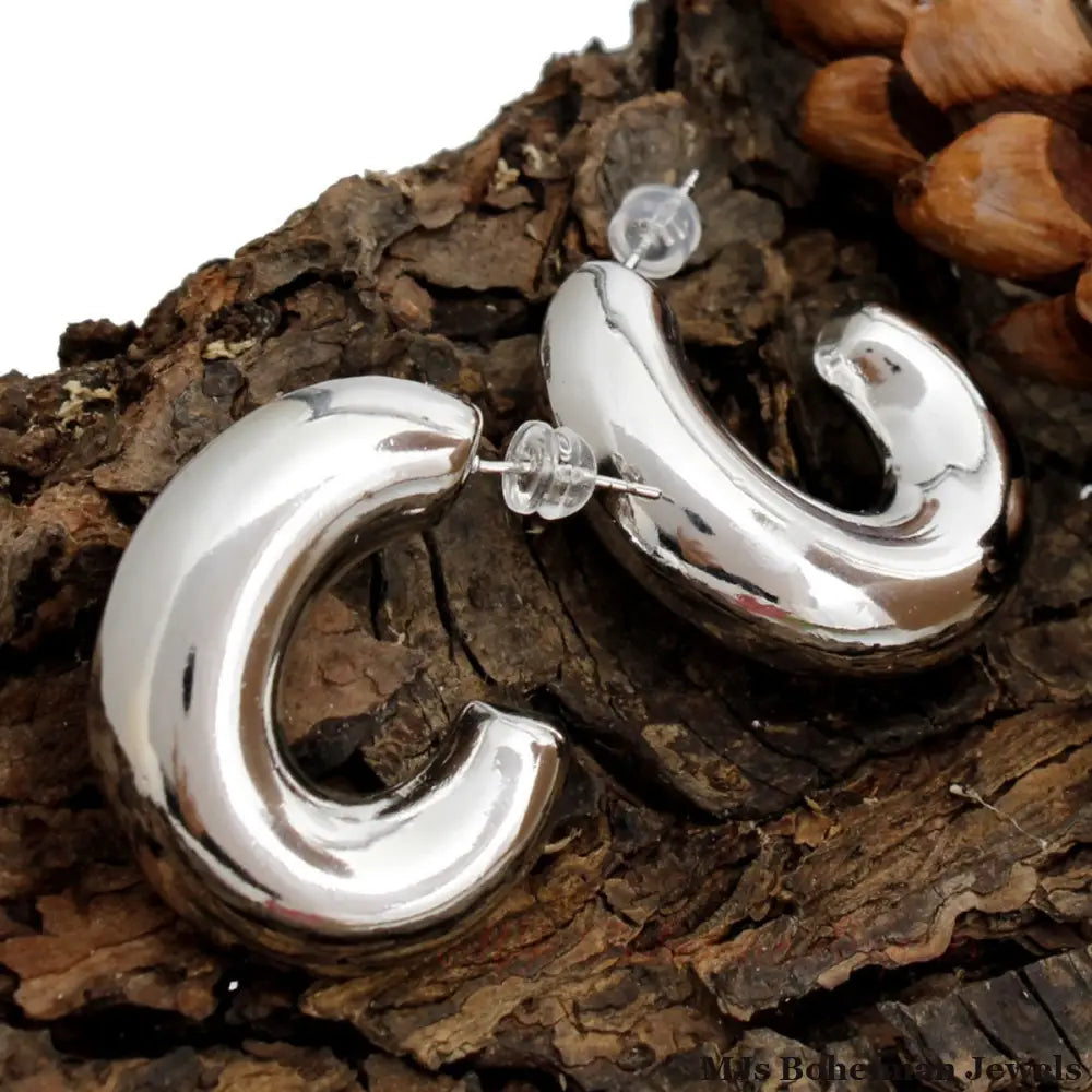 14K White Gold Puffy Post Hoops