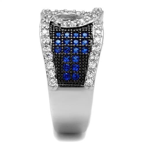 3W1216 - Rhodium + Ruthenium Brass Ring with AAA Grade CZ in London Blue