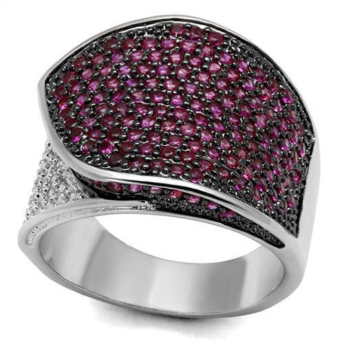 3W1217 - Rhodium + Ruthenium Brass Ring with AAA Grade CZ in Ruby