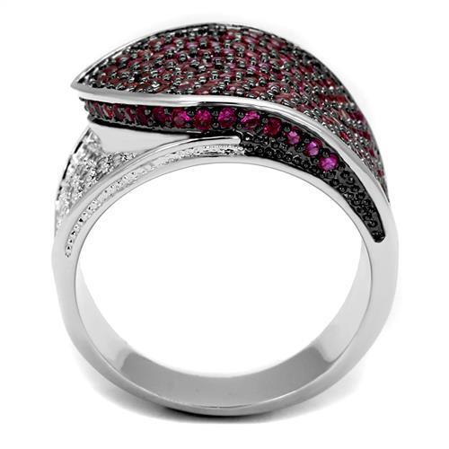 3W1217 - Rhodium + Ruthenium Brass Ring with AAA Grade CZ in Ruby