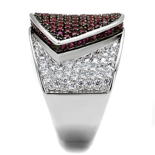 3W1217 - Rhodium + Ruthenium Brass Ring with AAA Grade CZ in Ruby