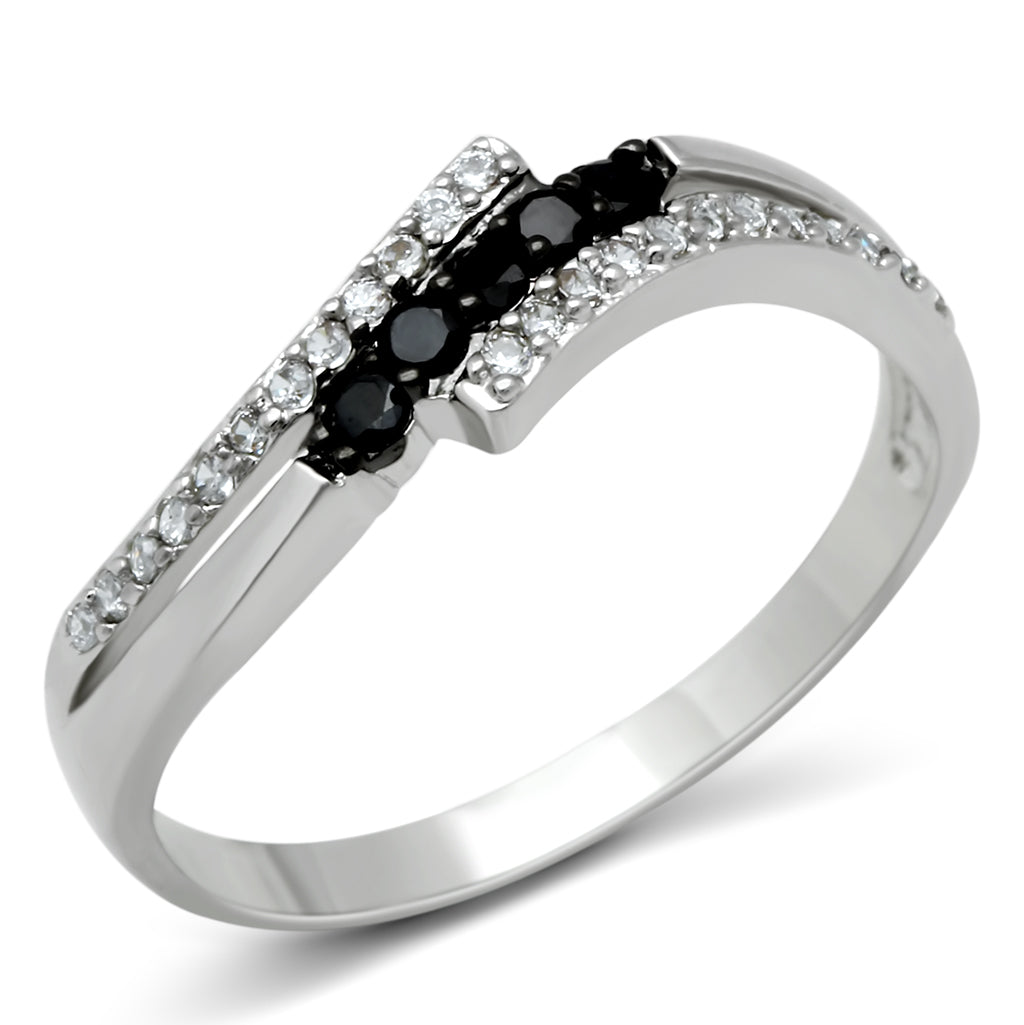 3W122 - Rhodium + Ruthenium Brass Ring with AAA Grade CZ in Jet