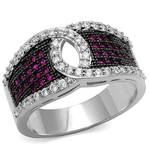 3W1243 - Rhodium + Ruthenium Brass Ring with AAA Grade CZ in Ruby