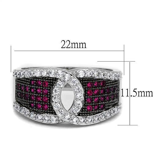 3W1243 - Rhodium + Ruthenium Brass Ring with AAA Grade CZ in Ruby