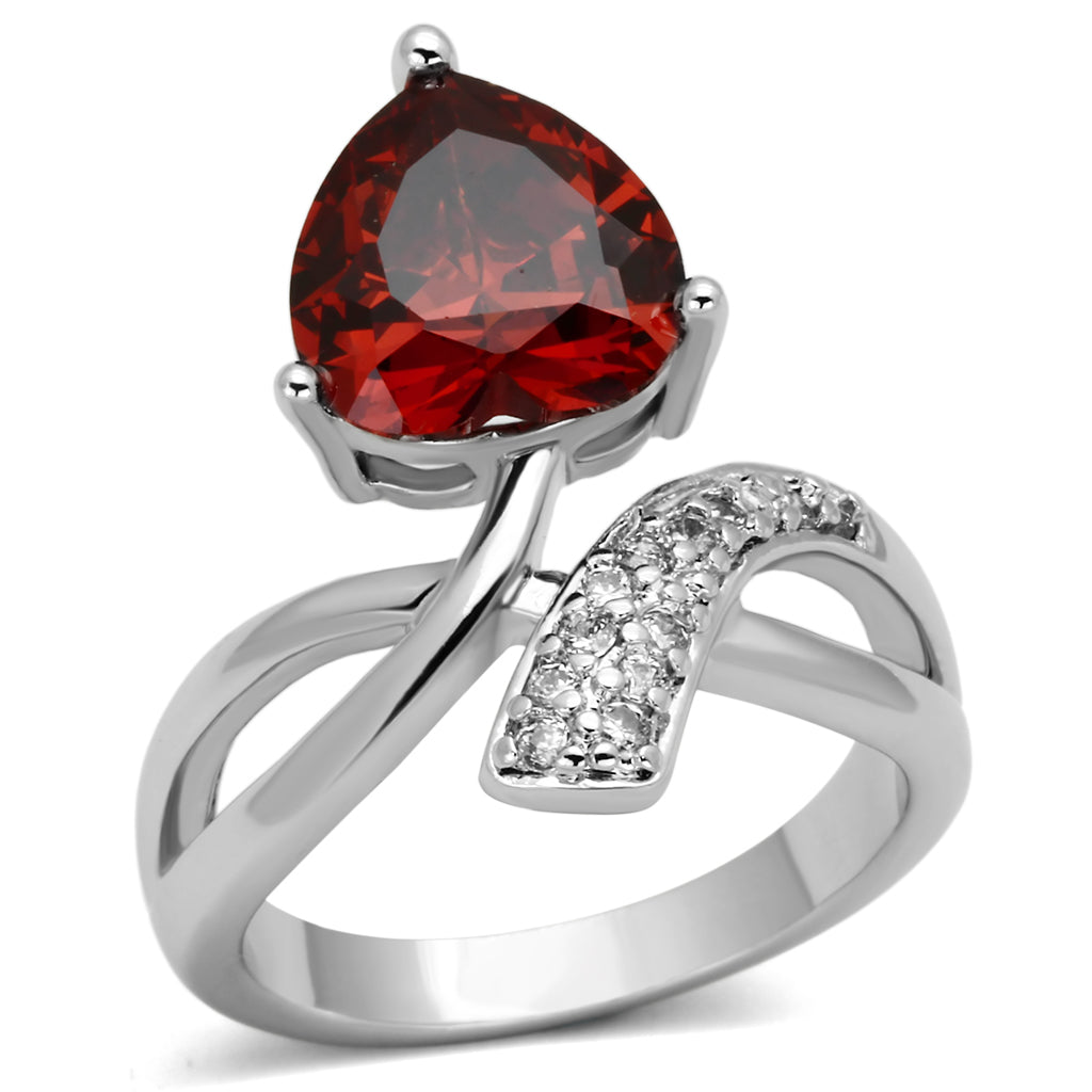 3W323 - Rhodium Brass Ring with AAA Grade CZ in Garnet