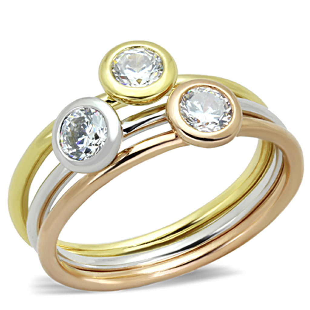 3W804 - Rhodium + Gold + Rose Gold Brass Ring with AAA Grade CZ in Clear