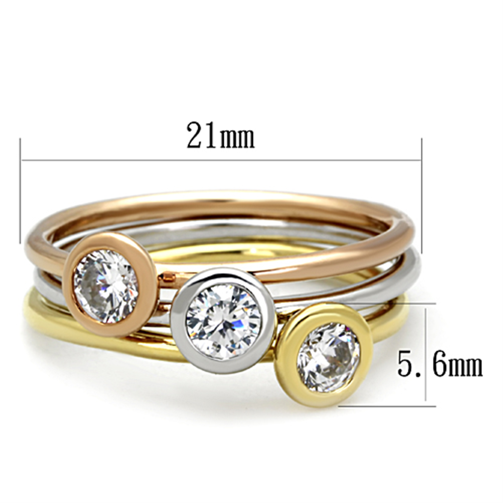 3W804 - Rhodium + Gold + Rose Gold Brass Ring with AAA Grade CZ in Clear
