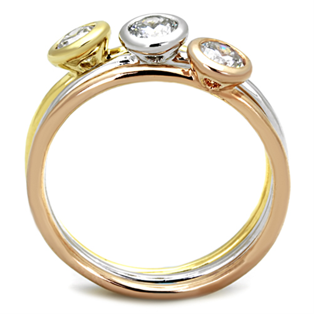 3W804 - Rhodium + Gold + Rose Gold Brass Ring with AAA Grade CZ in Clear