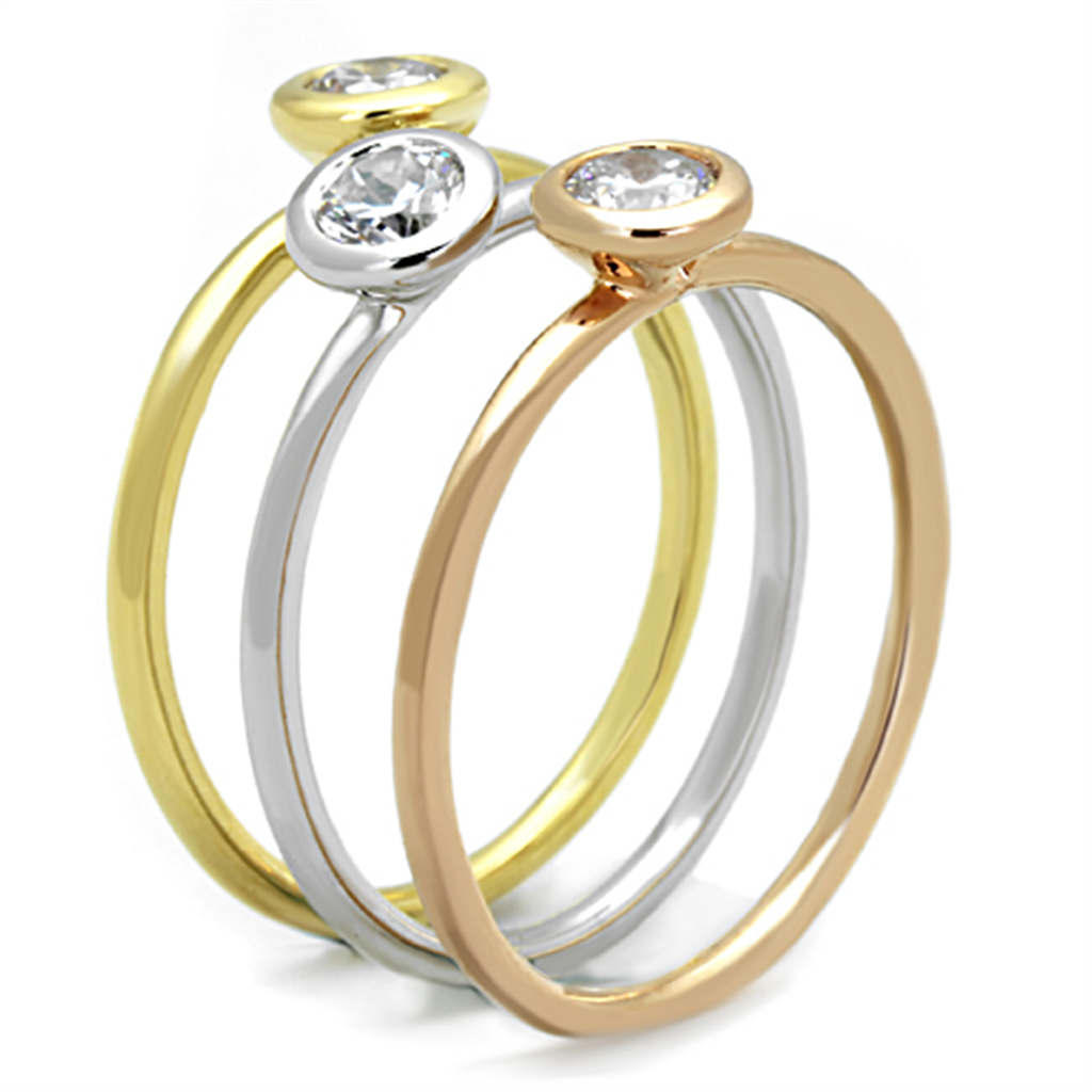 3W804 - Rhodium + Gold + Rose Gold Brass Ring with AAA Grade CZ in Clear