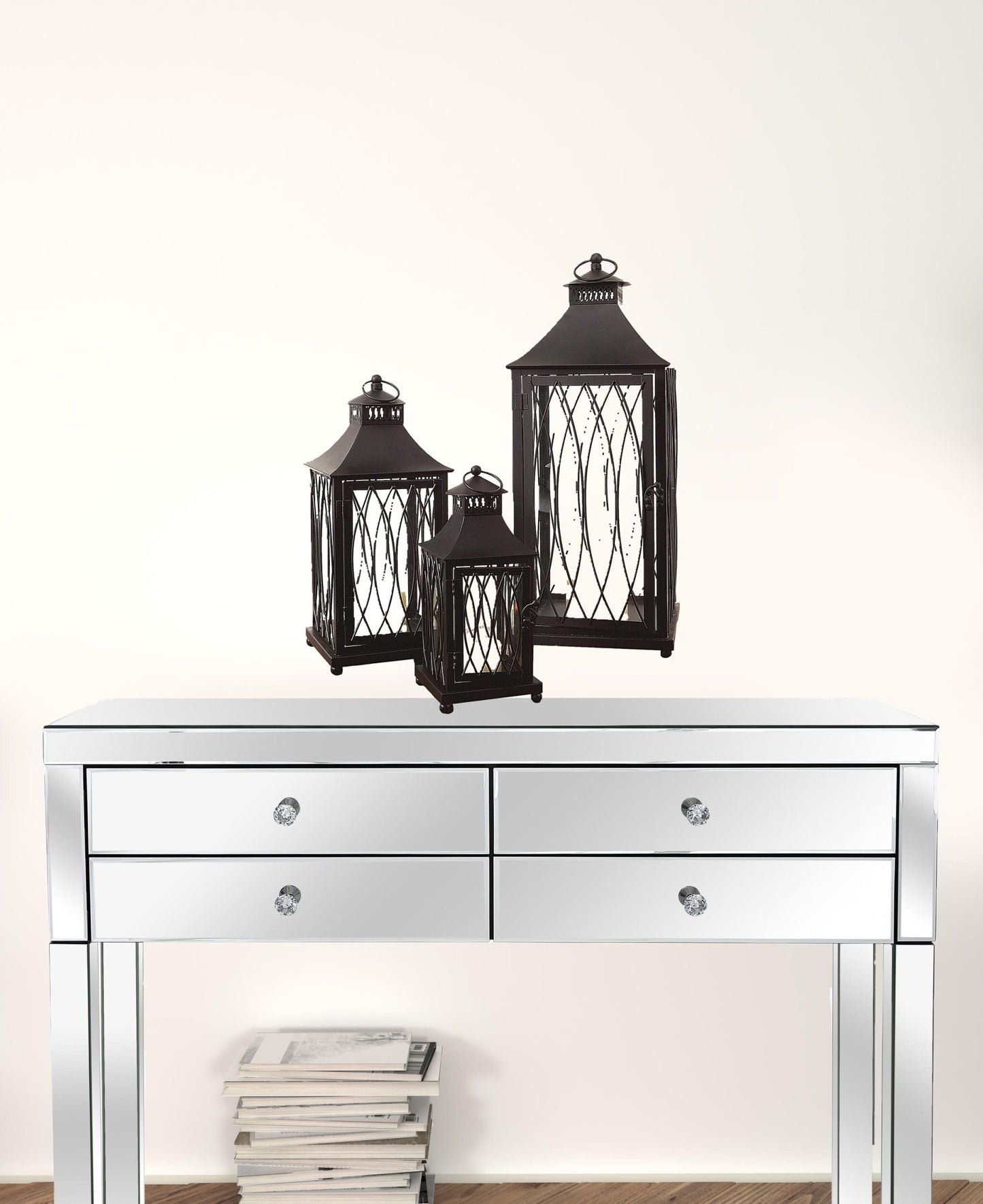 Set of Three Black Glass and Metal Geometric Floor Lantern Candle Holders