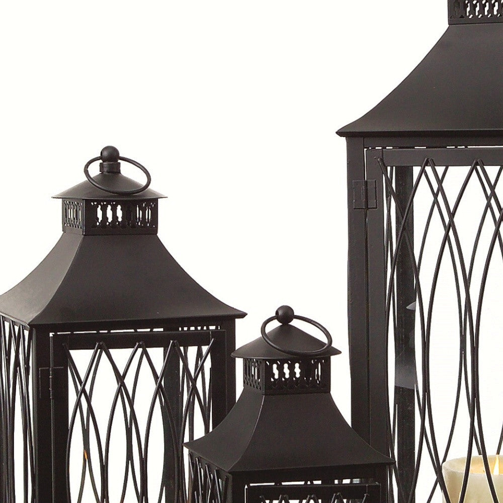Set of Three Black Glass and Metal Geometric Floor Lantern Candle Holders