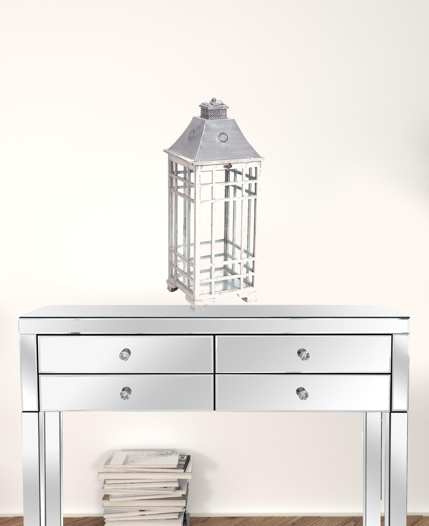 Set of Two White and Silver Metal Geometric Floor Lantern Candle Holders