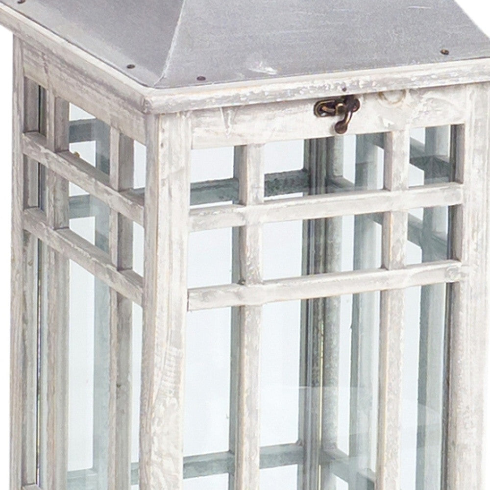 Set of Two White and Silver Metal Geometric Floor Lantern Candle Holders