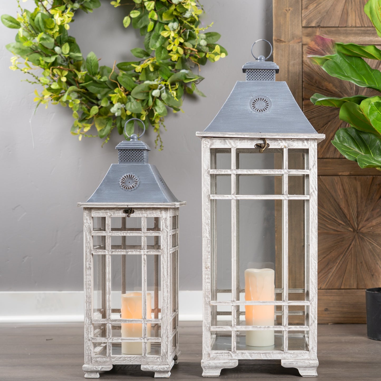 Set of Two White and Silver Metal Geometric Floor Lantern Candle Holders