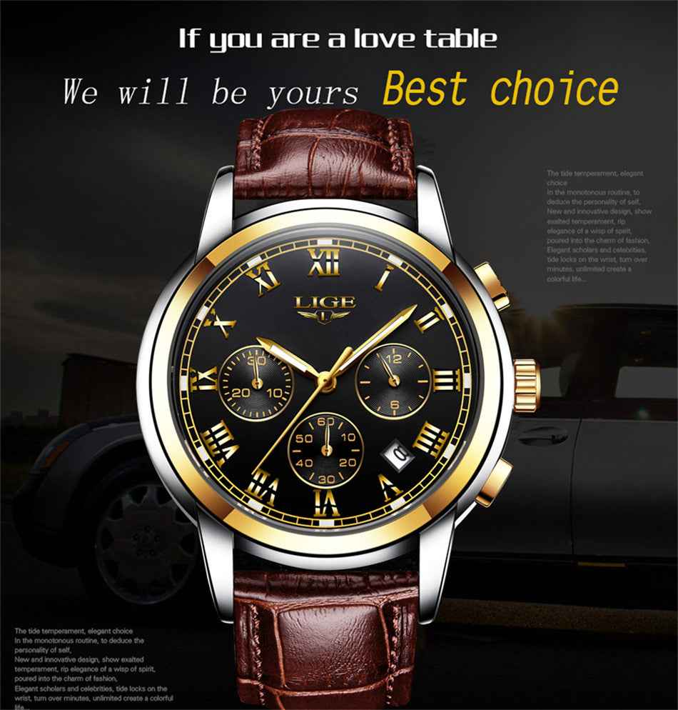 Men's Leather Sports Watch - Waterproof 30M, Alloy Case