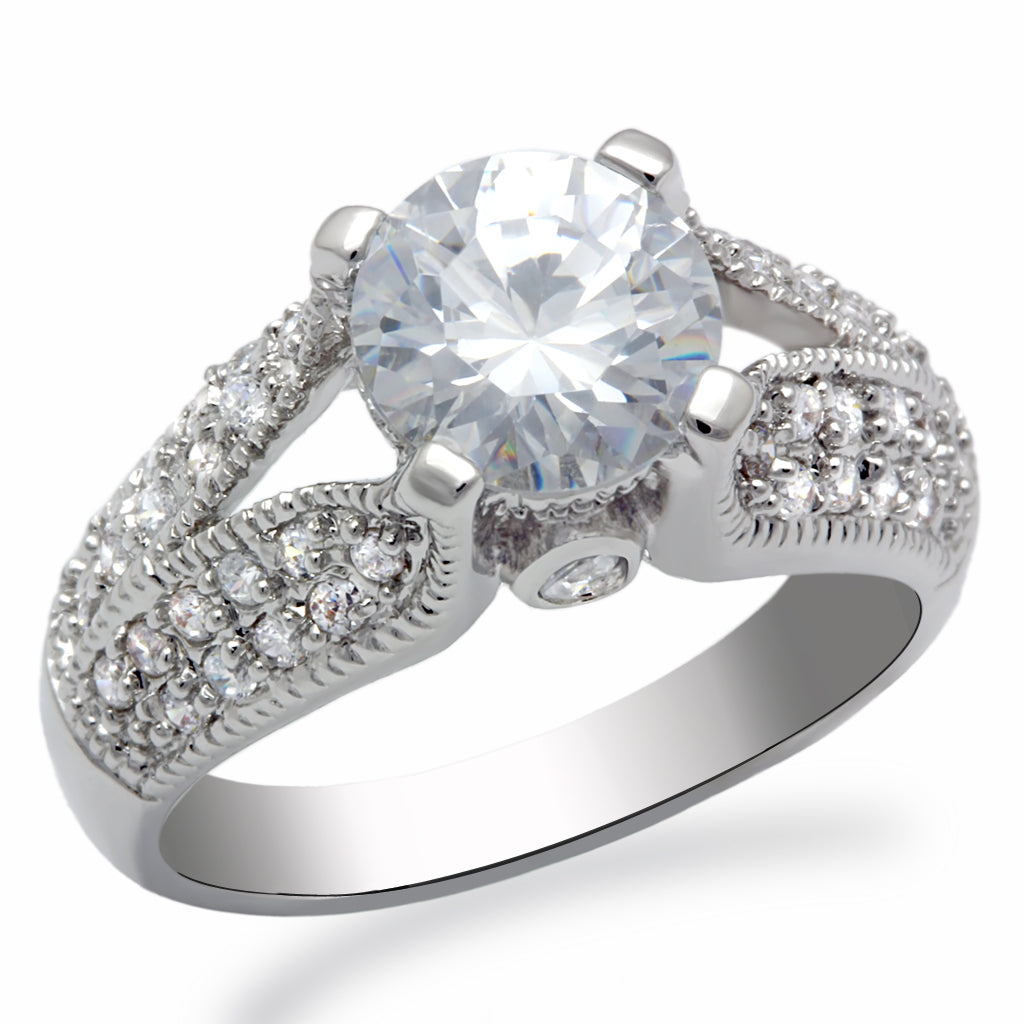 LO2077 - Rhodium Brass Ring with AAA Grade CZ in Clear