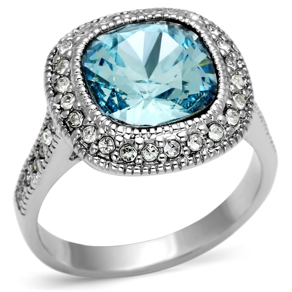 LO2506 - Rhodium Brass Ring with Top Grade Crystal in Sea Blue