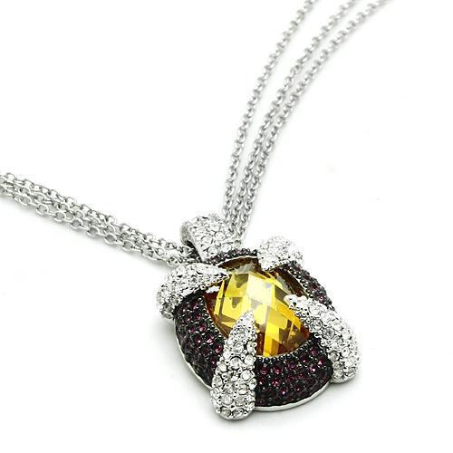 LO2641 - Rhodium+Hematite Brass Chain Pendant with AAA Grade CZ in Topaz