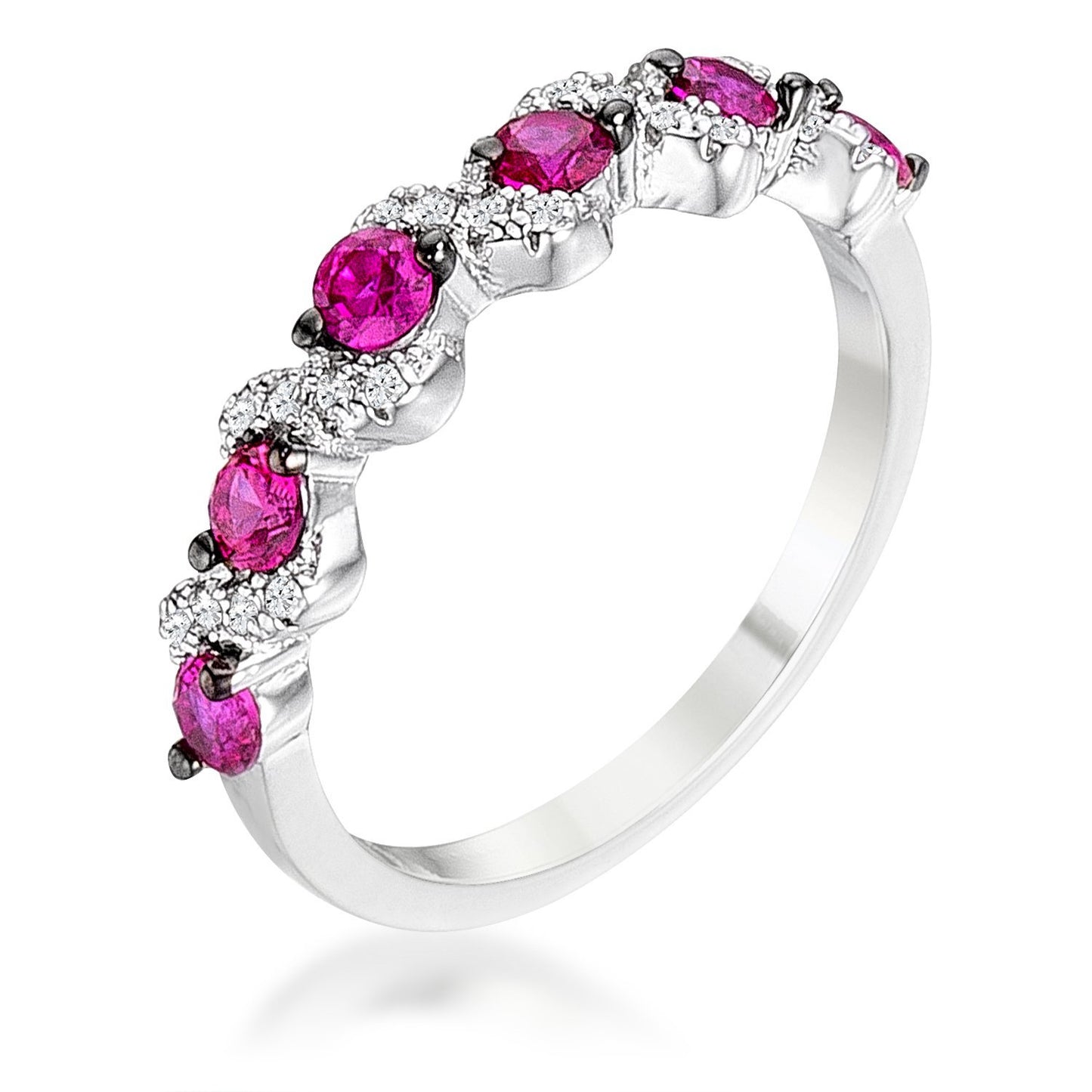 .18Ct Rhodium Hematite Plated S Shape Fuchsia and Clear CZ Half Eternity Band