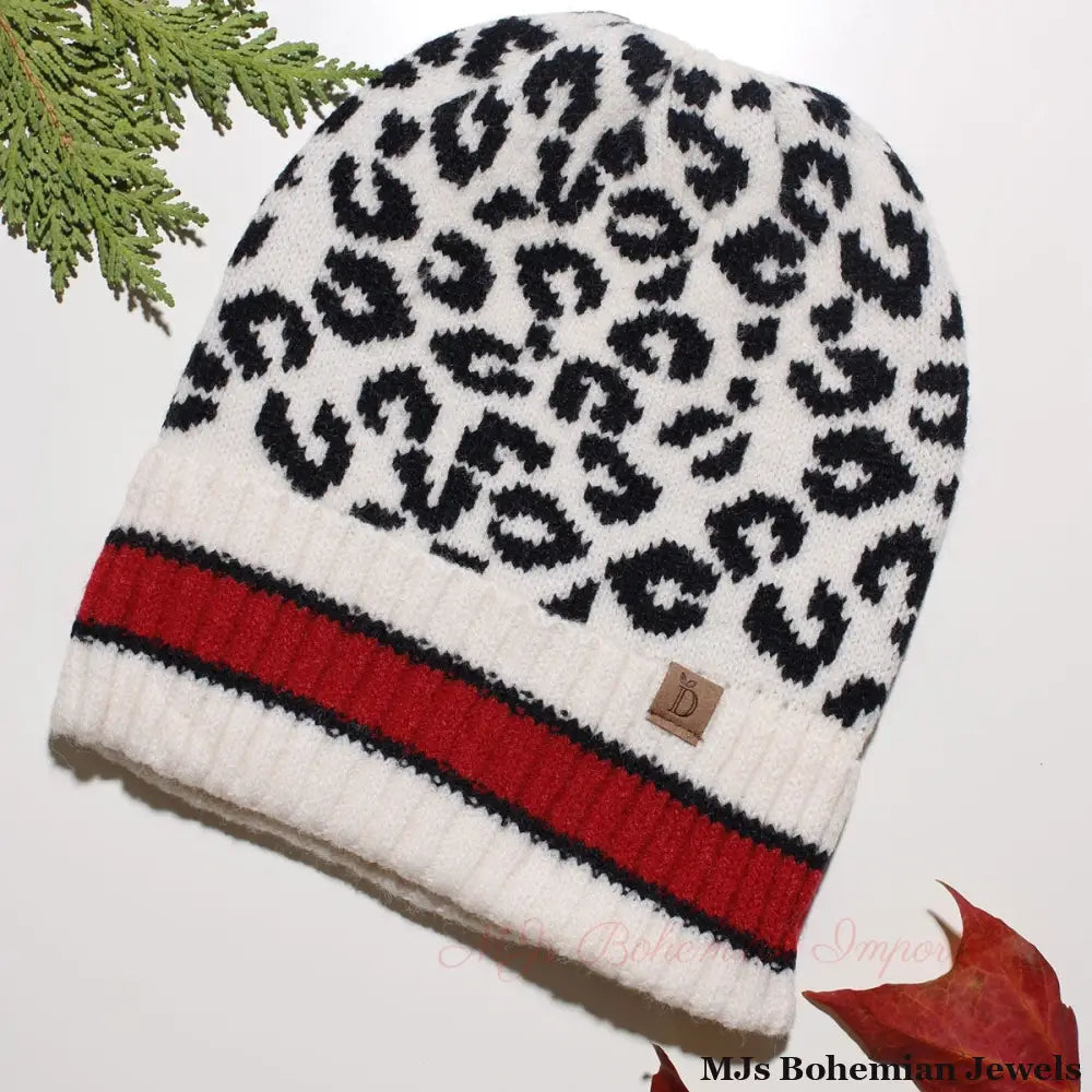 Beanie Hat Acrylic Ivory Leopard Hat for Women