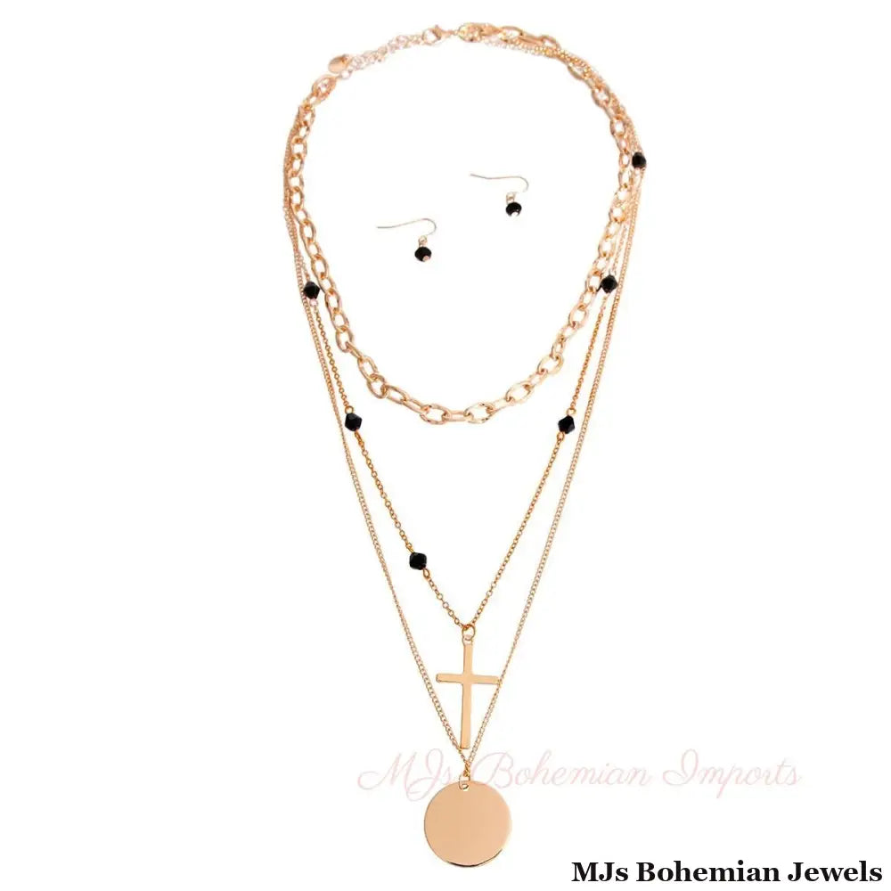 Black Glass and Cross Charm Necklace