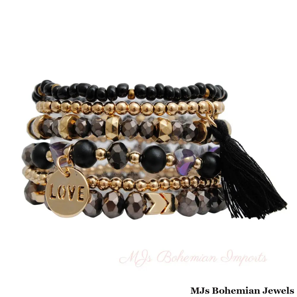Black Glass Love 6 Pcs Bracelets