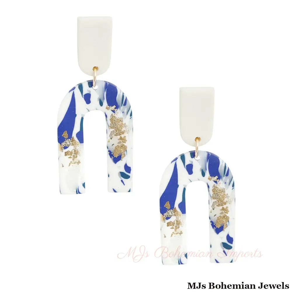 Blue and White Marbled Clay U Drop Earrings