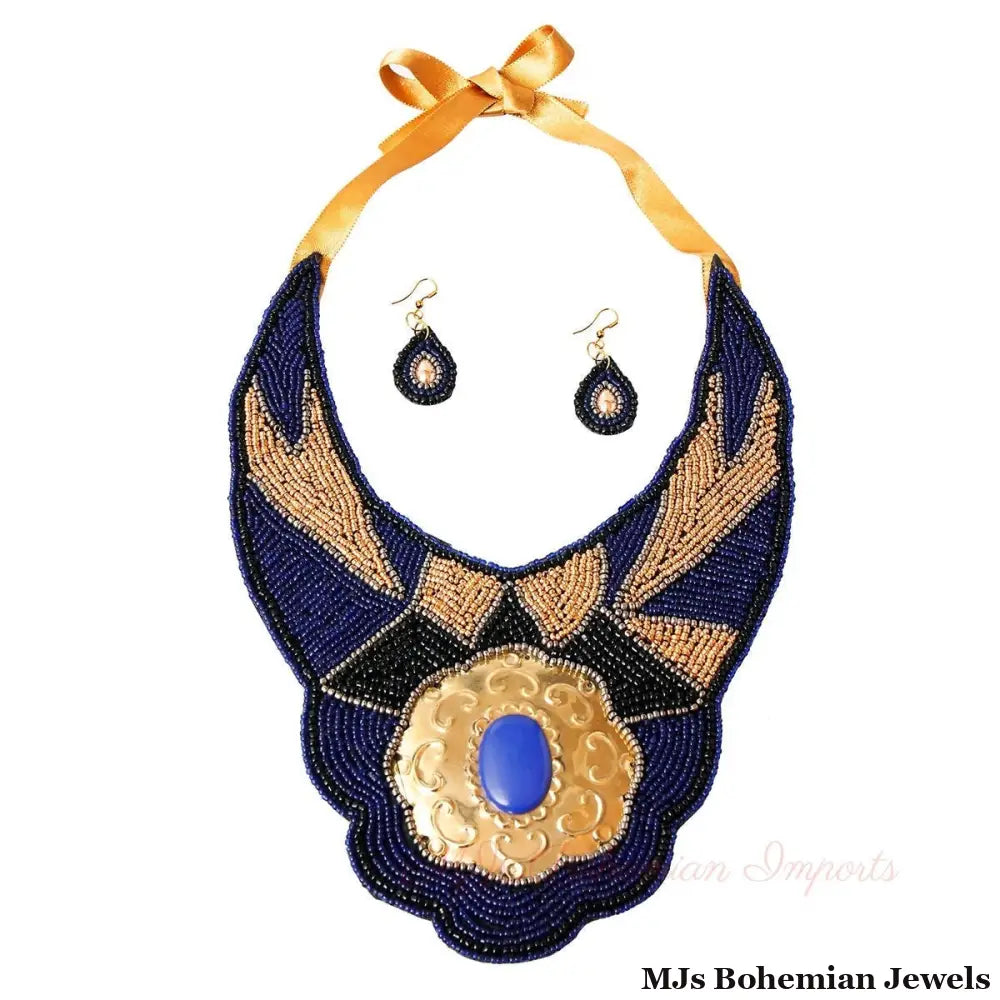 Blue & Gold Beaded Bib Set