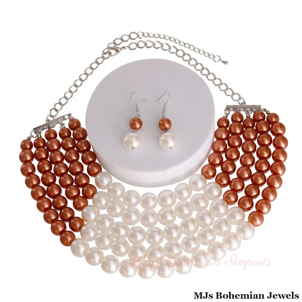 Brown and Cream Pearl 5 Row Necklace
