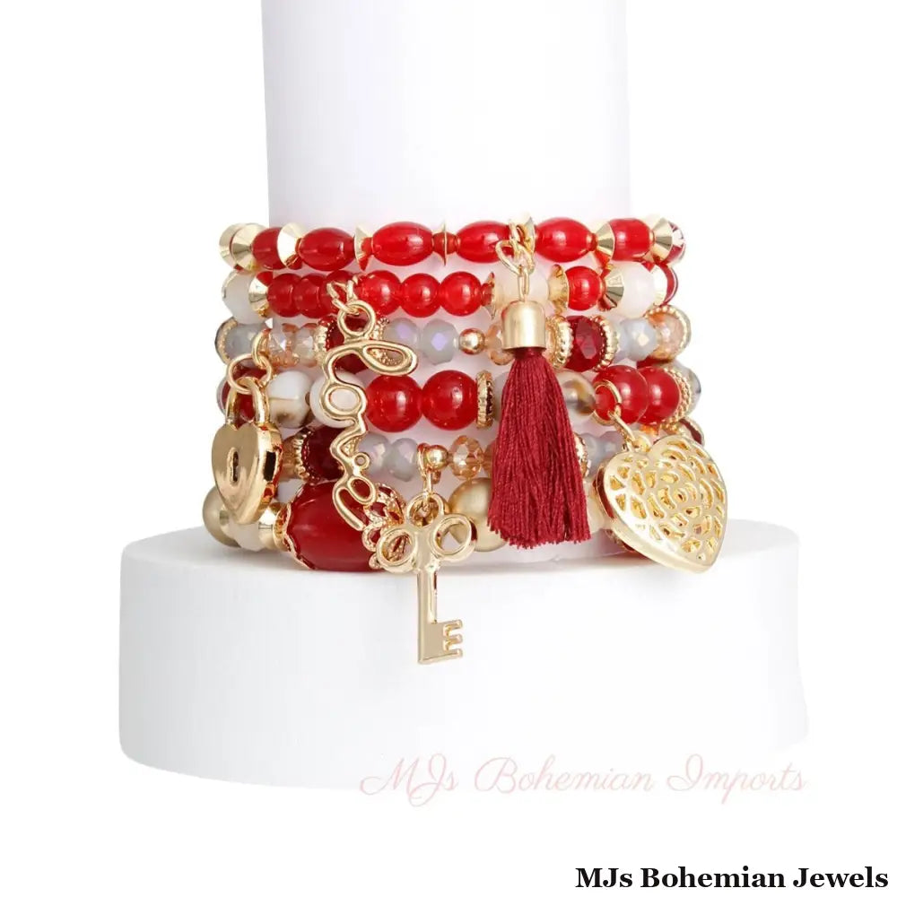 Burgundy Glass Bead Love Bracelets