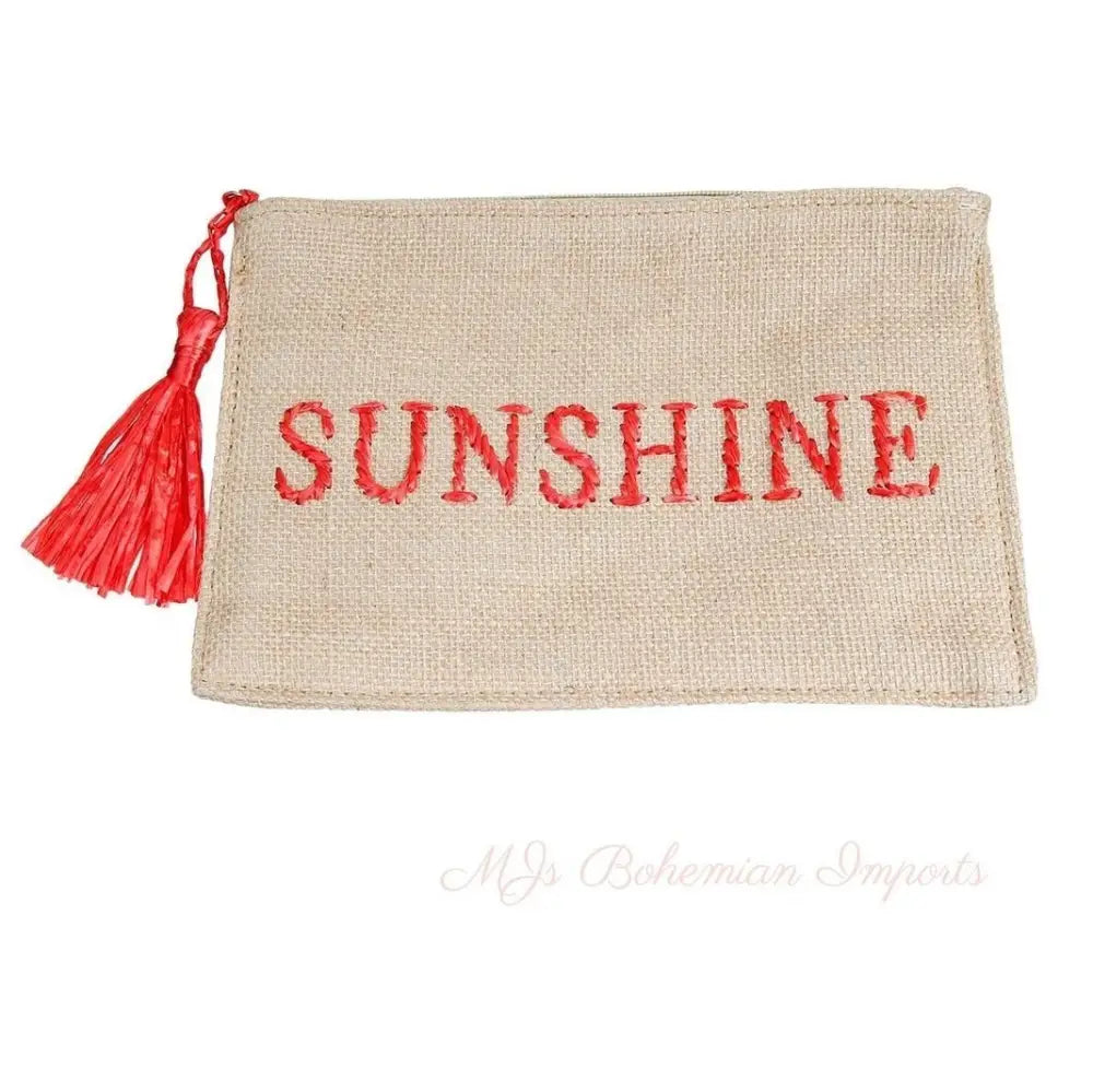 Burlap Clutch with Red Raffia SUNSHINE Stitching