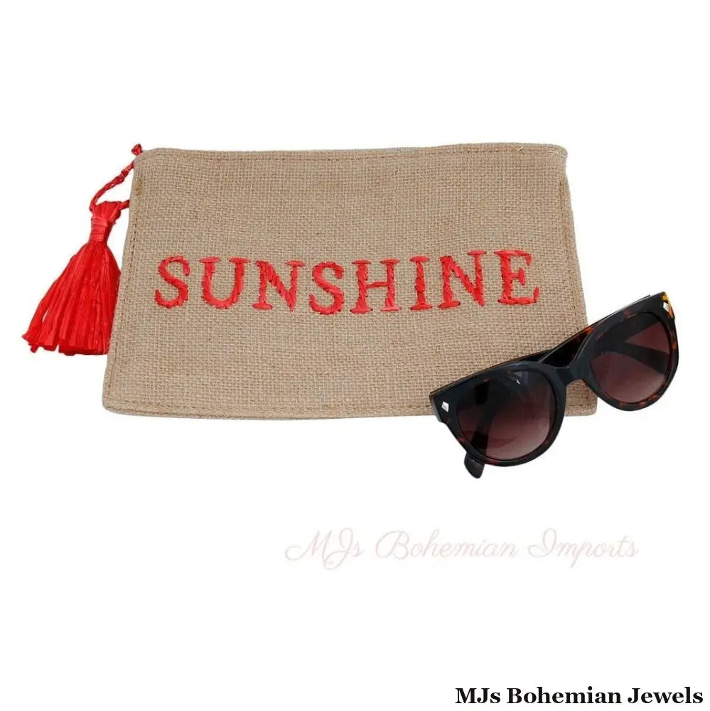Burlap Clutch with Red Raffia SUNSHINE Stitching