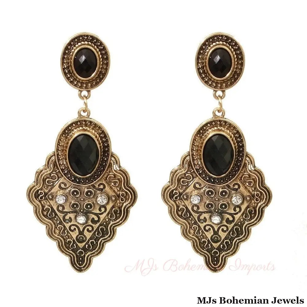 Burnished Gold Black Drop Earrings