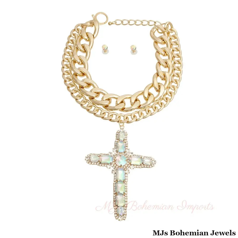 Chunky Aurora Borealis Jumbo Cross Necklace