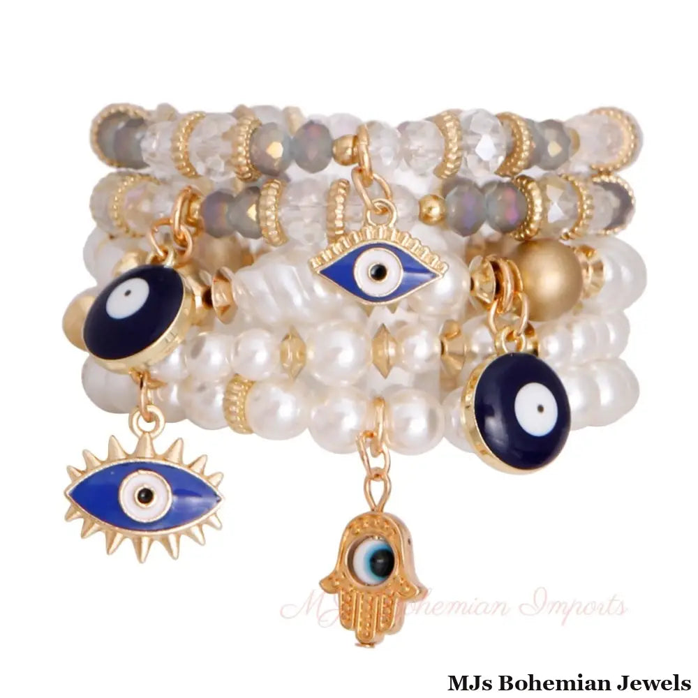 Cream Pearl Bead Evil Eye Bracelets