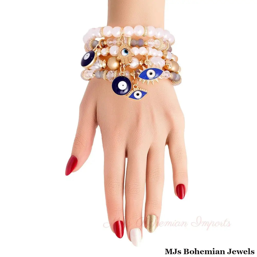 Cream Pearl Bead Evil Eye Bracelets