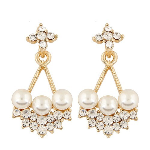 Triple Pearl Inlaid Czech Rhinestone Dangling Floral Waterdrop Design Fashion Earrings