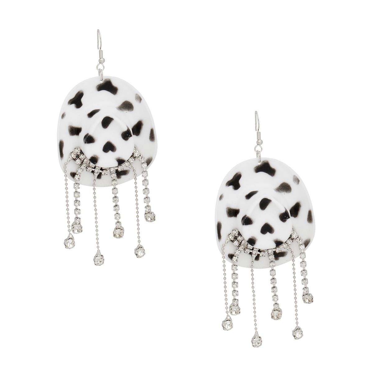 Fish Hook White Black Cowgirl Hat Fringe Earrings