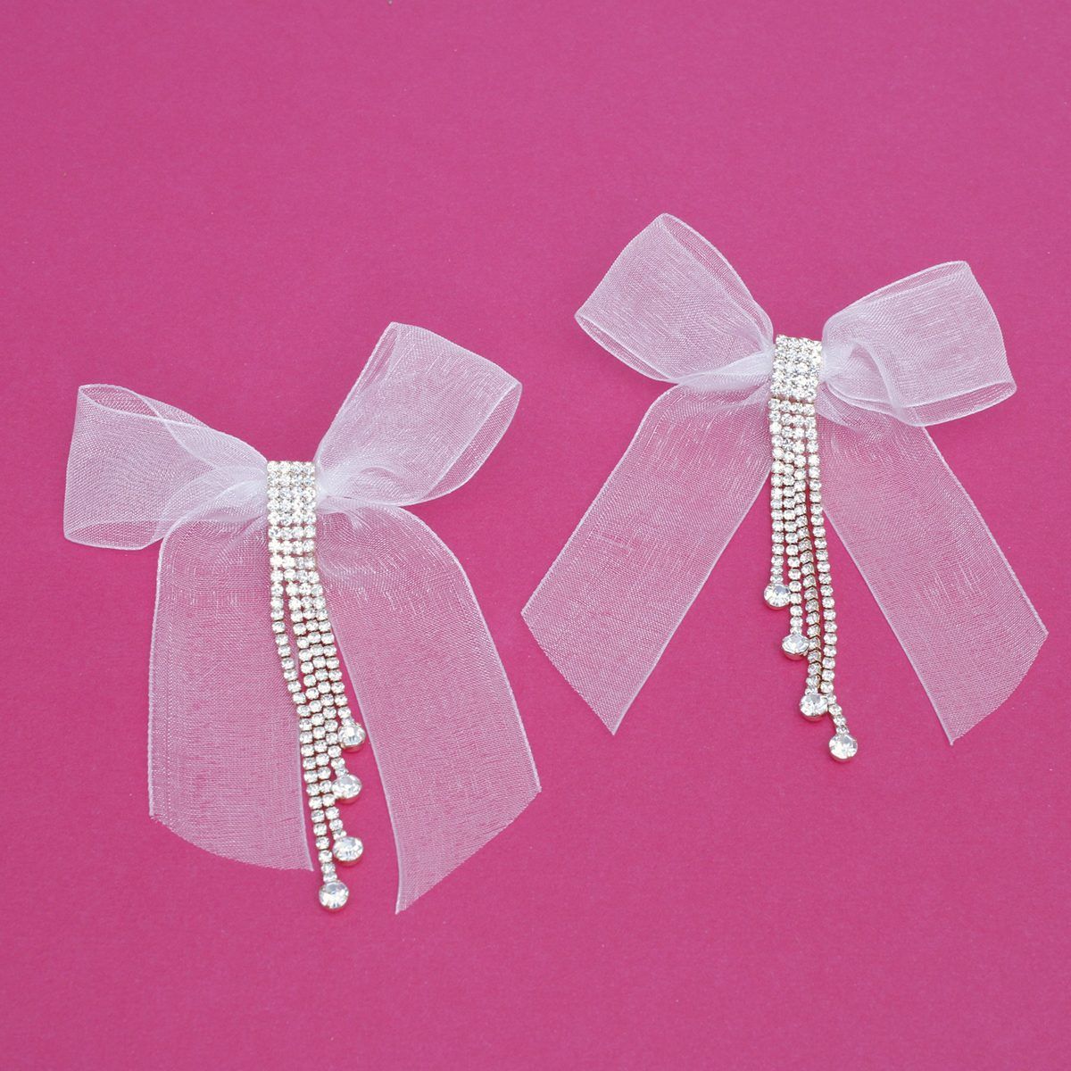 Tassel White Ribbon Bow Sparkling Fringe Earrings