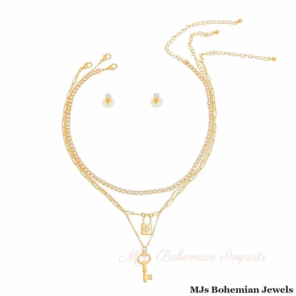 Gold 3 Layer Lock and Key Necklace