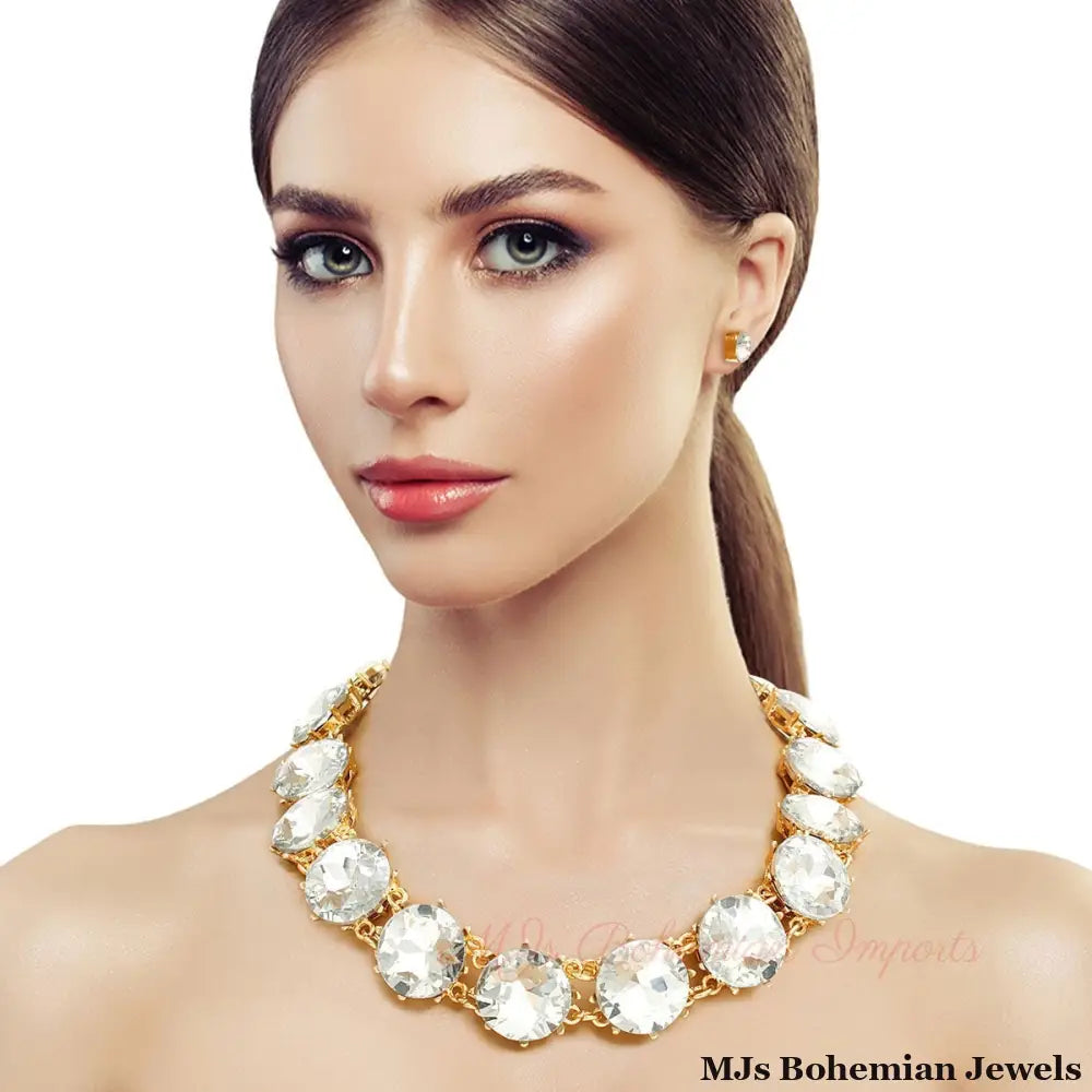 Gold and Clear Round Crystal Link Necklace