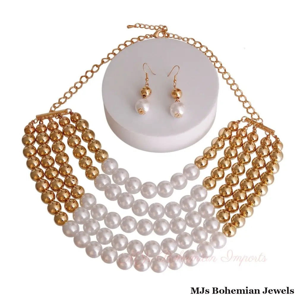 Gold and White Pearl 5 Row Necklace