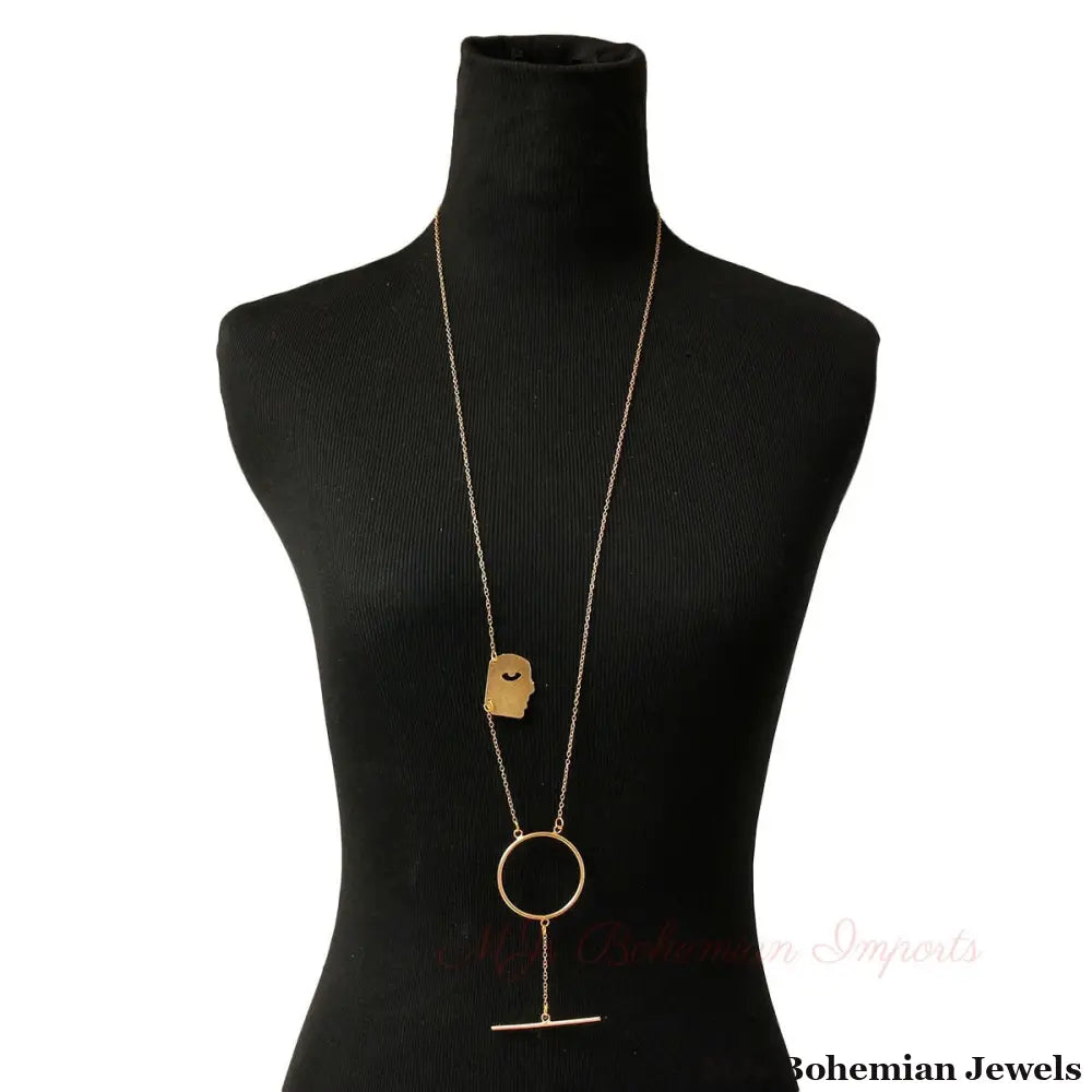 Gold Brass Face Pendant Necklace