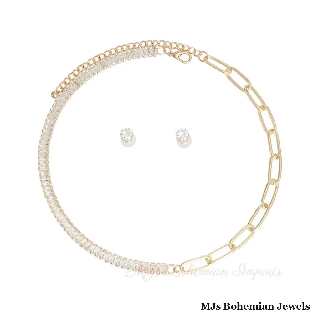 Gold CZ Mixed Link Necklace