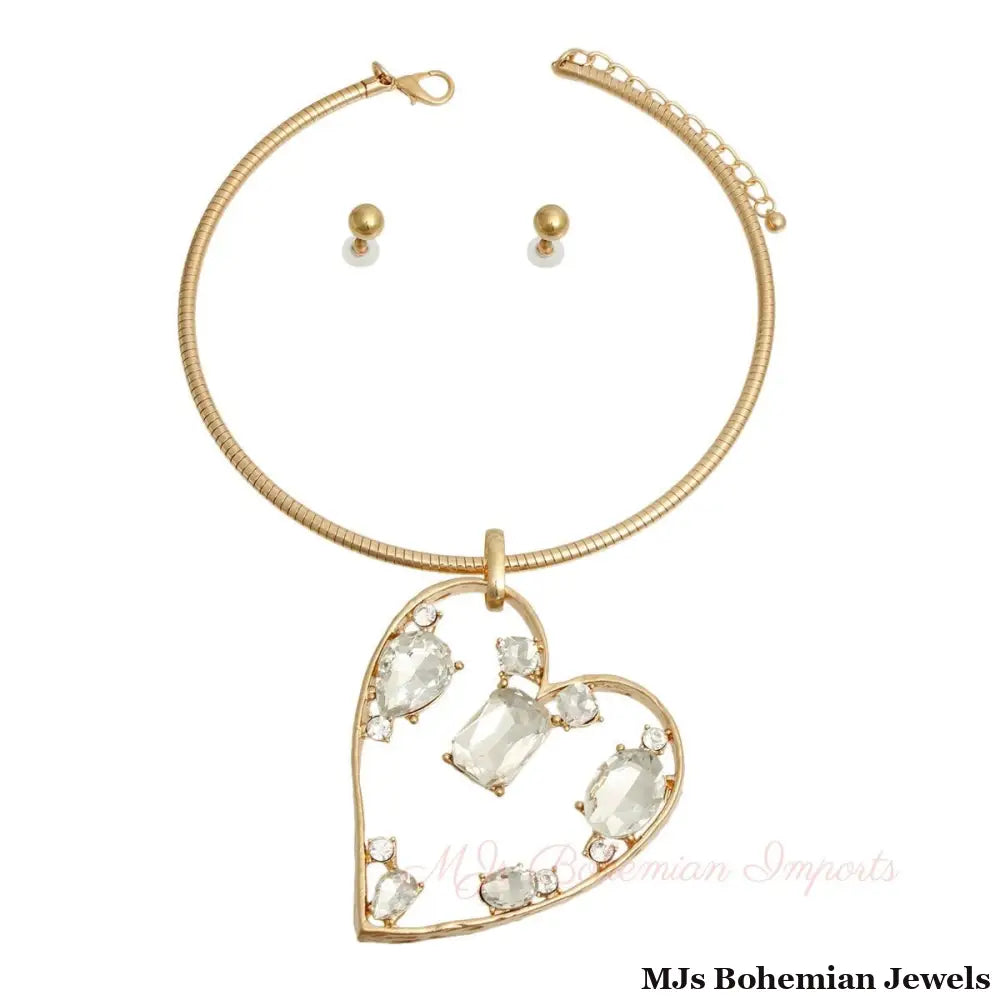 Gold Multi Style Stone Angled Heart Set