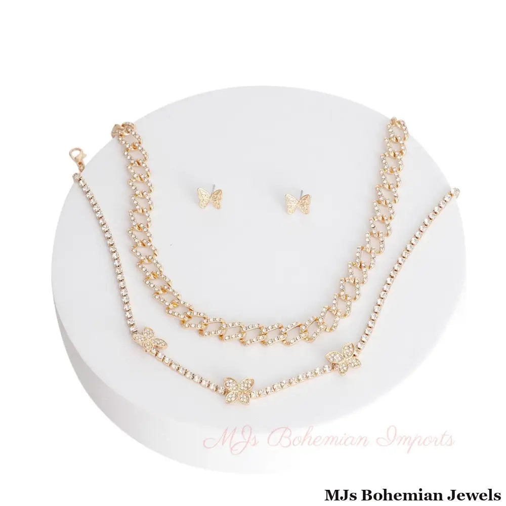 Gold Rhinestone Butterfly Station 2Pc Set